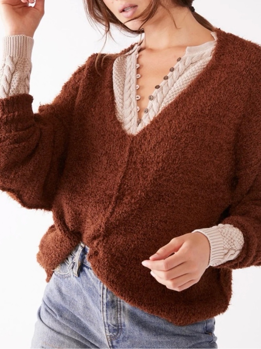Free People Icing V-Neck Pullover in Mocha Java sz large